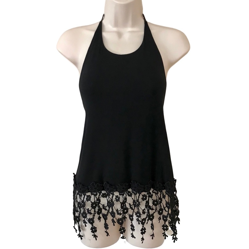 Y2K Style Black Halter Boho Floral Crochet Fringe 70s Tank Top Size Medium